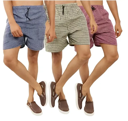 AWALA FASHION Men's Cotton Checkered Printed Boxers, Shorts, Multicolor Pack-of -3