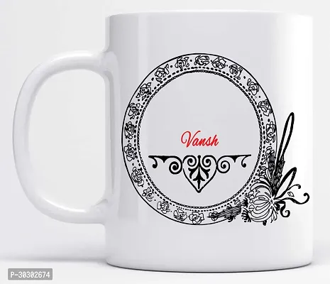 Name Vansh Printed Black Floral Design White Ceramic Coffee Mug 350 ml