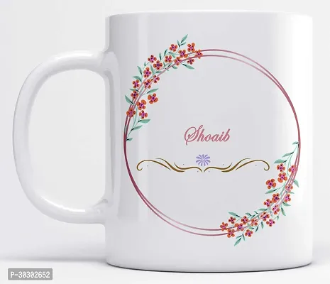 Name Shoaib Printed Floral and Leaves Design White Ceramic Coffee Mug 350 ml