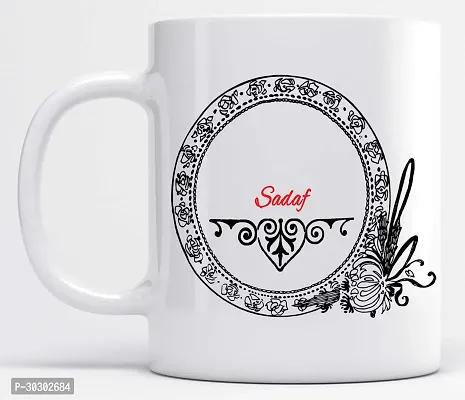 Name Sadaf Printed Black Floral Design White Ceramic Coffee Mug 350 ml