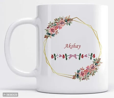 Name Akshay Printed Pink Floral Design White Ceramic Coffee Mug 350 ml