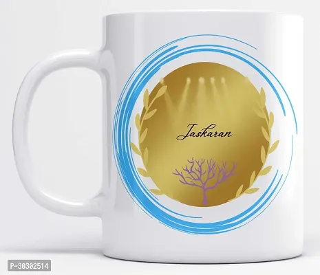 Name Jaskaran Printed Blue Gold Circle Design Ceramic Coffee Mug 350 ml