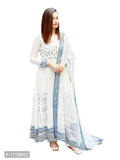 AESTHETIC PARADIGM Rayon Printed White Anarkali with Dupatta Kurti for Women