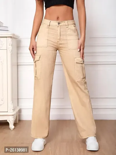Women Stylish Beige Cargo Jeans-thumb0