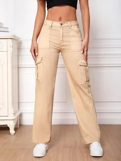 Women Stylish Beige Cargo Jeans