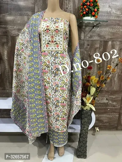 Elegant Cotton Printed Dress Material With Dupatta For Women-thumb0