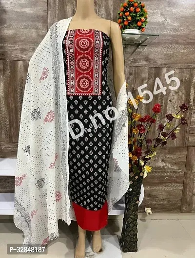 Elegant Cotton Printed Dress Material With Dupatta For Women-thumb0