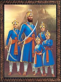 Beautiful Guru Gobind Singh ji with Chaar Sahibzaade Special Effects Texture Lamination Framed Wall Paintings Synthetic Solid Wooden Frame (Multicolour, Standard, 42cm x 57cm)-thumb1