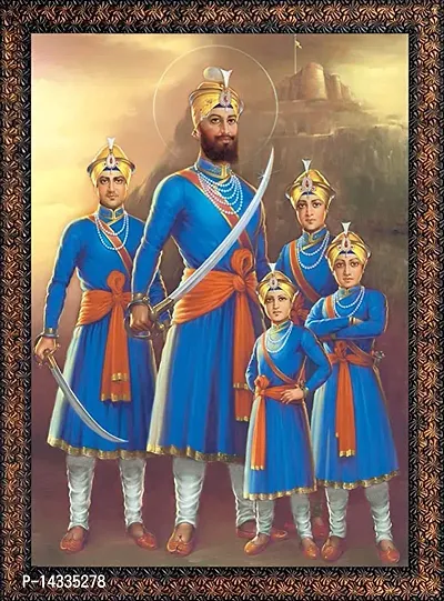 Beautiful Guru Gobind Singh ji with Chaar Sahibzaade Special Effects Texture Lamination Framed Wall Paintings Synthetic Solid Wooden Frame (Multicolour, Standard, 42cm x 57cm)-thumb2