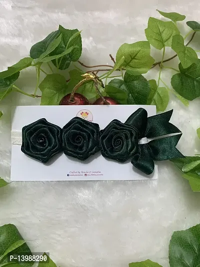 Joy's Creations Rosey Posey Bow with Double Satin Ribbon Soft Elastic HairBand for Girls (Dark Green)
