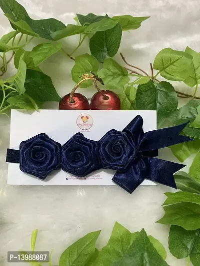 Joy's Creations Rosey Posey Bow with Double Satin Ribbon Soft Elastic HairBand for Girls (Dark Blue)