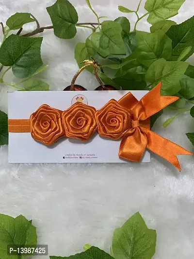 Joy's Creations Rosey Posey Bow with Double Satin Ribbon Soft Elastic HairBand for Girls (Orange)-thumb0