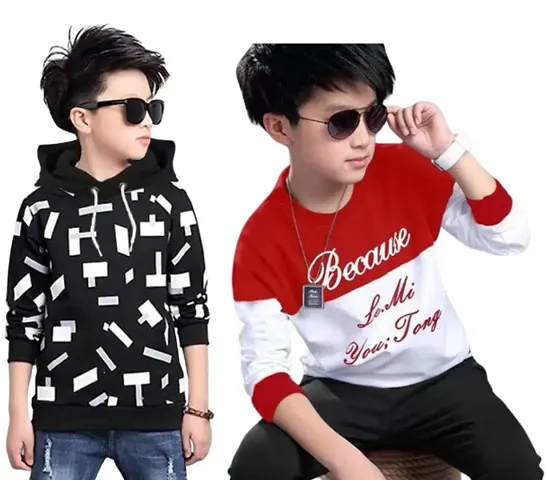 Hooded Neck Printed Regular Fit T-Shirt for Boys Pack of 2