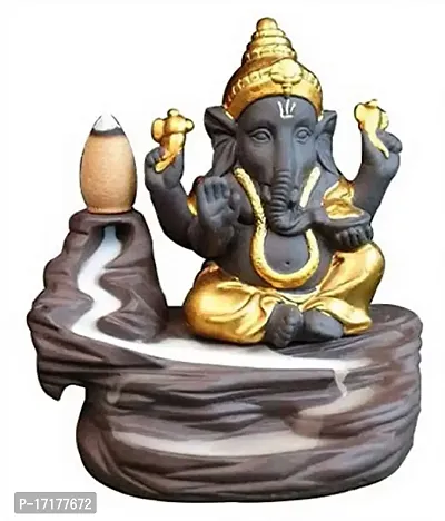 Fountain Ganesha Smoking Meditating Monk Ganesha Smoke Backflow Incense Holder with 10 Incense Cones (Free) (Golden/Blue/Pink/Red As per Availability)-thumb0