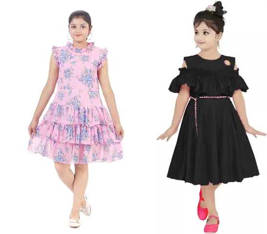 Stylish Fancy Crepe Midi-Knee Length Frocks Party Dresses Combo For Girls Pack Of 2