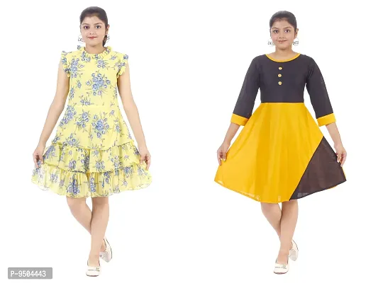 Stylish Fancy Multicoloured Crepe Midi-Knee Length Frocks Party Dresses Combo For Girls Pack Of 2