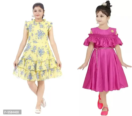 Stylish Fancy Multicoloured Crepe Midi-Knee Length Frocks Party Dresses Combo For Girls Pack Of 2-thumb0