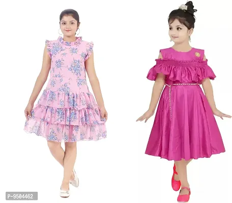 Stylish Fancy Multicoloured Crepe Midi-Knee Length Frocks Party Dresses Combo For Girls Pack Of 2