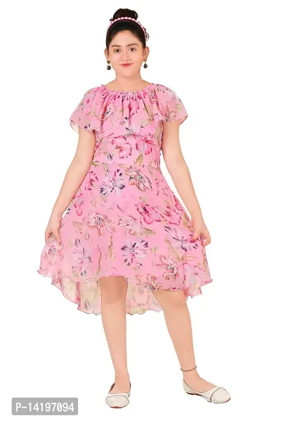 Stylish Georgette Pink Floral Print Round Neck Dress For Girls