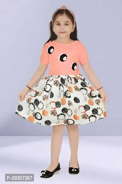 Fabulous Peach Cotton Blend Printed Dress For Girls-thumb0