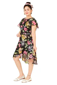 Stylish Georgette Black Floral Print Round Neck Dress For Girls-thumb1