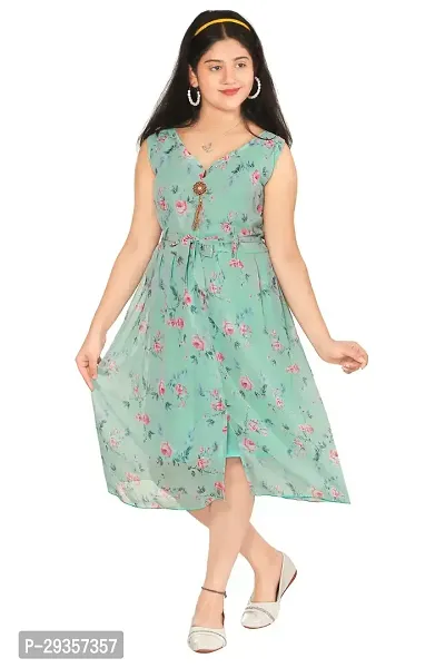 Fabulous Turquoise Georgette Printed Dress For Girls