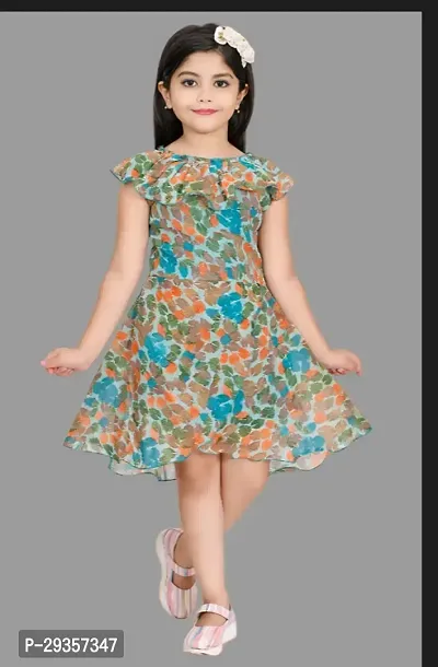 Fabulous Green Georgette Printed Dress For Girls-thumb0