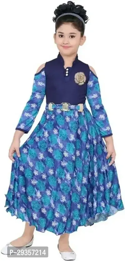 Fabulous Blue Cotton Spandex Printed Dress For Girls-thumb0