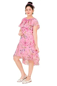 Stylish Georgette Pink Floral Print Round Neck Dress For Girls-thumb1