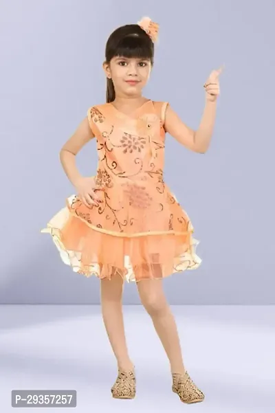 Fabulous Peach Net Printed Dress For Girls