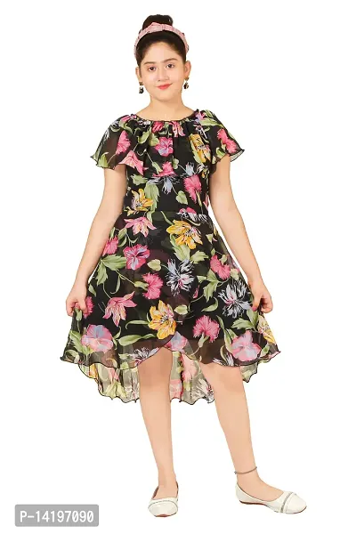 Stylish Georgette Black Floral Print Round Neck Dress For Girls
