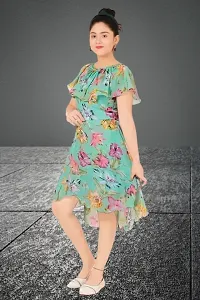 Stylish Georgette Green Floral Print Round Neck Dress For Girls-thumb2