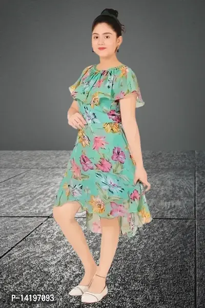 Stylish Georgette Green Floral Print Round Neck Dress For Girls-thumb3
