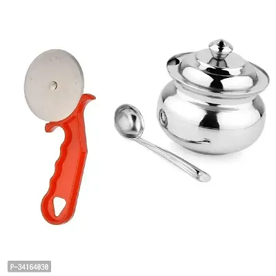 Plastic Red Pizza Cutter And Stainless Steel Ghee Pot Jar With Spoon Pack Of 3-thumb2