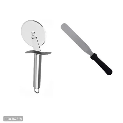 Stainless Steel Pizza Cutter And Stainless Steel Flat Pallet Knife Spatula for Spreading Smoothing of Icing Bakeware Tool 2 Pcs-thumb4