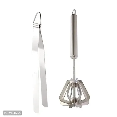 Classic Stainless Steel Chimta For Roti Chapati Chimta Tong For Chapati Tong And Stainless Steel Power Free Hand Blender Mathani Ravai 2 Pieces-thumb4