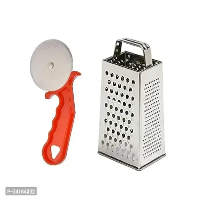 Plastic Red Pizza Cutter And Stainless Steel 5 In 1 Grater And Slicer With 4 Sides For Cheese Vegetables Ginger Garlic Pack Of 2