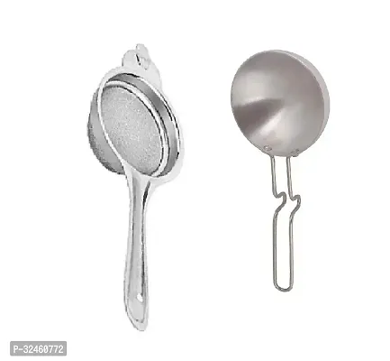 Stainless Steel Tea Strainer And Aluminium Silver Tadka Pan 2 Pcs-thumb3