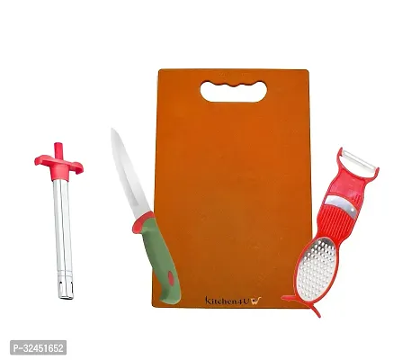 Combo Of Chopping Board, Soft Grip Knife, 3 In 1 Peeler And Gas Lighter Kitchen Tools Combo Kitchen Tools Set - Combo Of 4-thumb0