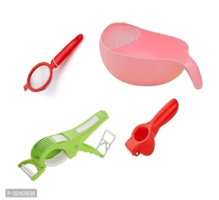 Plastic Handle Bowl For Rice Fruits, Vegetable Washing Bowl With Tea Strainer, Veg Cutter And Plastic Lemon Squeezer-thumb0