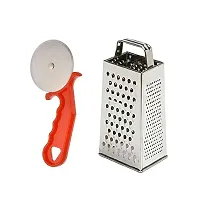 Plastic Red Pizza Cutter And Stainless Steel 5 In 1 Grater And Slicer With 4 Sides For Cheese Vegetables Ginger Garlic Pack Of 2-thumb2