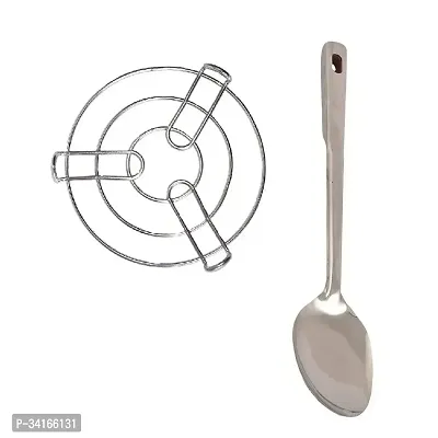 Stainless Steel Cooking Pot Steaming Tray Round Cooker Steamer Stand And SS Cooking Spoon Strainer Paan With Long Handle 2 Pcs-thumb2