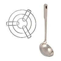 Stainless Steel Kitchen Cooking Pot Steaming Tray Round Cooker Steamer Stand And SS Cooking Spoon Strainer Chamcha With Long Handle Pack Of 2-thumb2