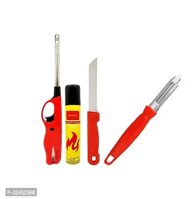 Refillable Gas Lighter For Kitchen Stove With Refill Gas Bottle Can, Peeler And Knife Assorted Color