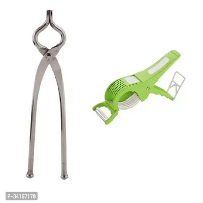 Stainless Steel Sansi Pakkad Pinser And Plastic 2 In 1 MultiPerpose Bhindi Cutter 2 Pcs-thumb0