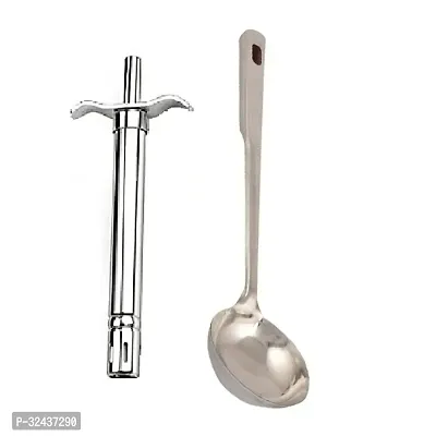 Classic Stainless Steel Gas Lighter And Ss Cooking Spoon Strainer Chamcha With Long Handle 2 Pieces-thumb2