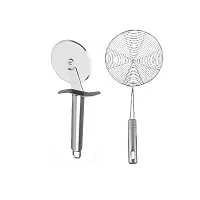 Classic Stainless Steel Pizza Cutter And Stainless Steel Deep Fry Jhara 2 Pieces-thumb1