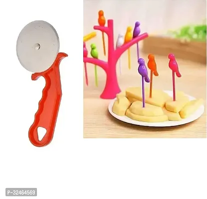 Useful Metal Pizza Cutter And 6 Pieces Plastic Bird Fruit Fork Set With Stand - Pack Of 2-thumb0