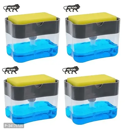 Useful 2 In 1 Soap Pump Plastic Dispenser For Dishwasher Liquid, Holder With Free Sponge -400 Ml Each, Pack Of 4-thumb0