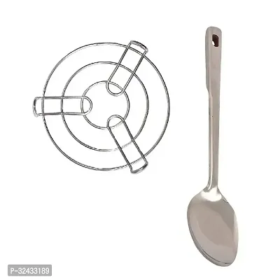 Stainless Steel Kitchen Cooking Pot Steaming Tray Round Cooker Steamer Stand And SS Cooking Spoon Strainer Paan With Long Handle Pack Of 2-thumb2